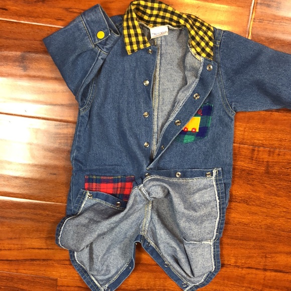 Hopscotch 80s Vintage Denim Jeans Plaid Collar Button One Piece - Picture 3 of 12